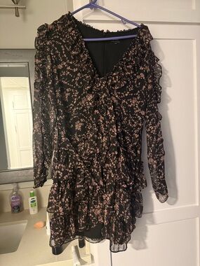 Bardot Black and Blush Floral Ruffle Long-Sleeve Dress